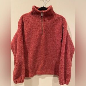 LOFT Women’s Maroon Red Sherpa Fuzzy Soft Zip Up Sweatshirt Pocket Size M